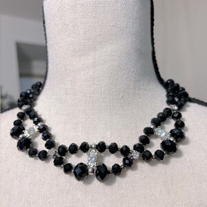 Vintage Art Deco Style Glass Bead and Rhinestone Statement Necklace, 17"